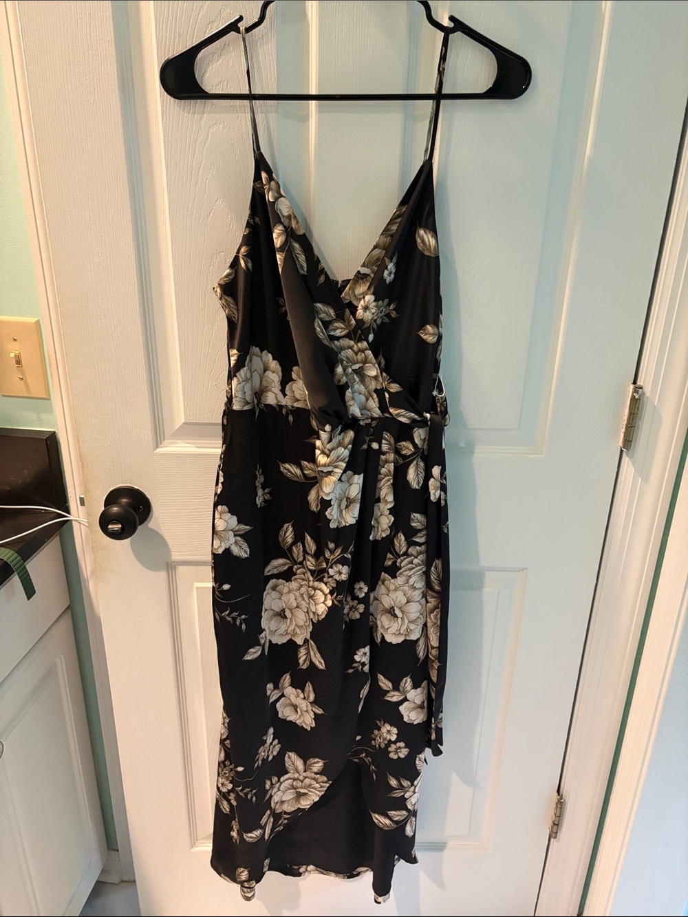 Express Black Floral Wrap Midi Dress with Cream Blooms